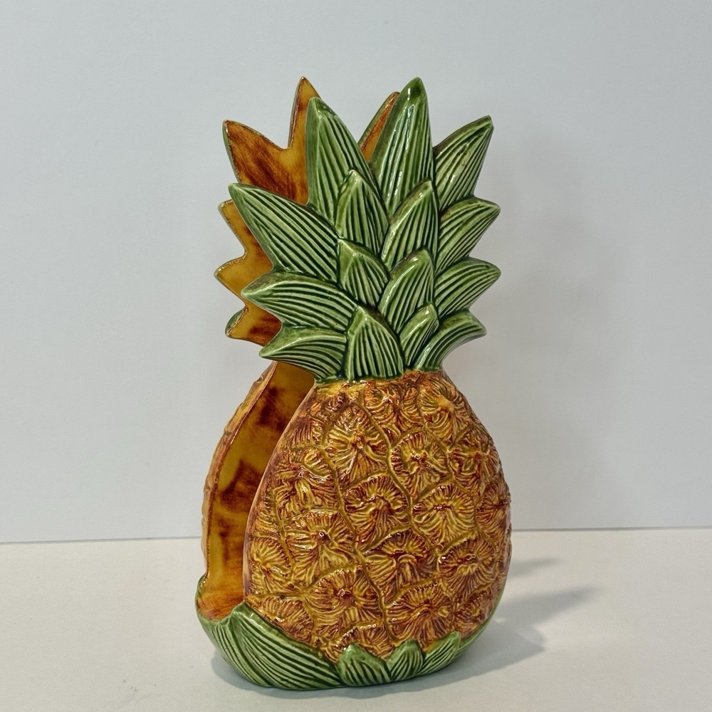 Vintage Ceramic Pineapple Napkin Holder Hand Painted Tropical Kitchen Decor